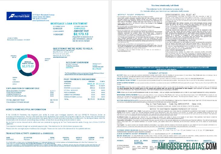 Declaração de empréstimo hipotecário do banco Five Points dos EUA, Nebraska, em formatos Word e PDF, 4 páginas 1 2 exemplo